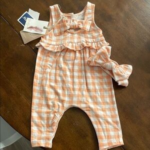 Peach and White Checkered Baby Romper with Bow